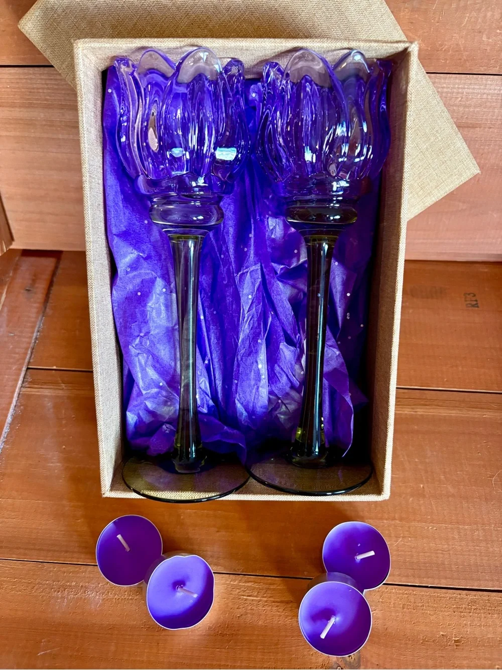 Glass Purple Tulip Tea-Light Candle Holders Set Floral Scalloped Candlesticks